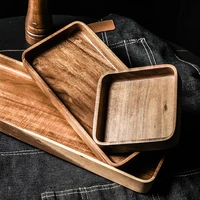1pcs acacia wood serving tray square rectangle breakfast sushi snack bread dessert cake plate with easy carry grooved handle