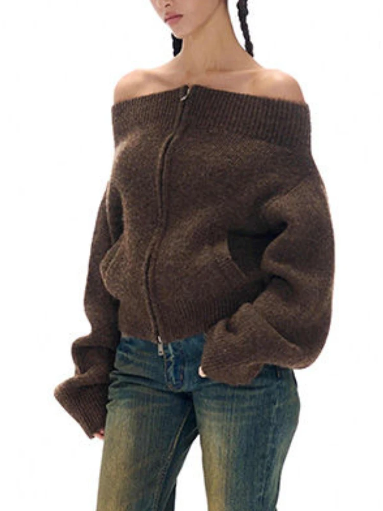 Сексуальные вязаные кардиганы с вырезом на шее осенние винтажные универсальные