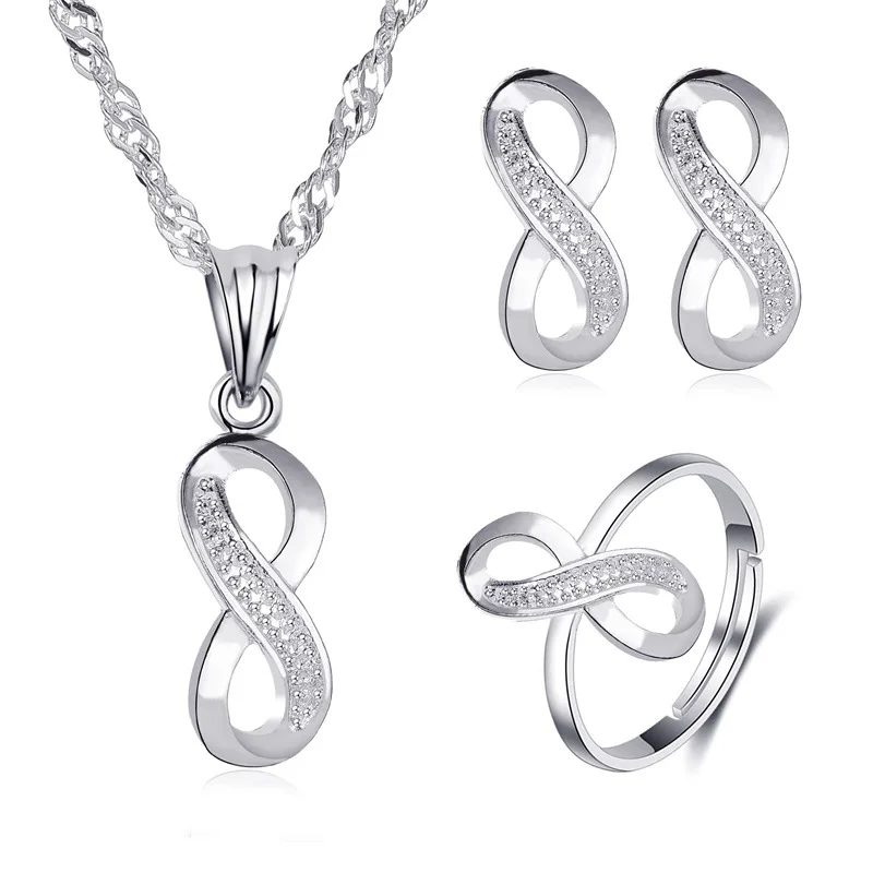 

3pcs Infinity Pendant Necklace for Women Silver Love Ring Simple Crystal Collar Earring Fashion Fine Jewelry Set for Girlfriend