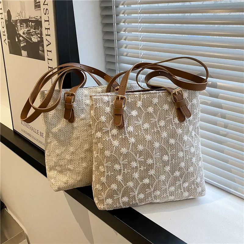 

New Fashion Straw Shoulder Bag Lace Woven Bag Solid Color Flower Large Capacity Tote Bag Ladies Shopping Tote Bag