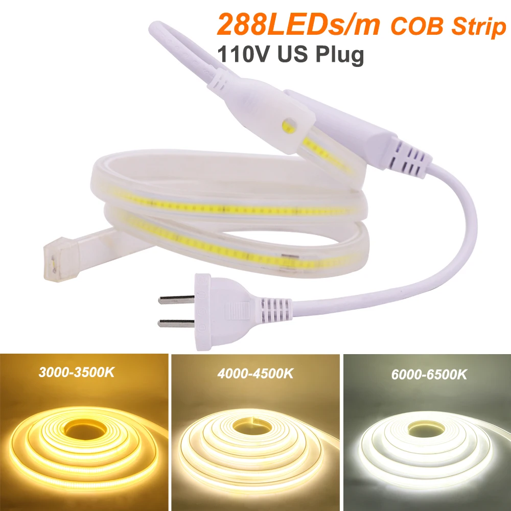 

AC 110V COB LED Strip Super Bright 288LEDs/m COB LED Light Outdoor Waterproof 3000-6500K Flexible COB Light Bar with US Plug