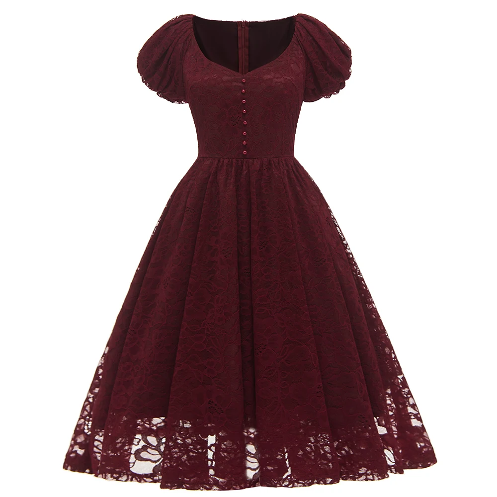 

2022 Spring New Women's Clothing Puff Sleeves Single-breasted Buttons Large Swing Lace Dress