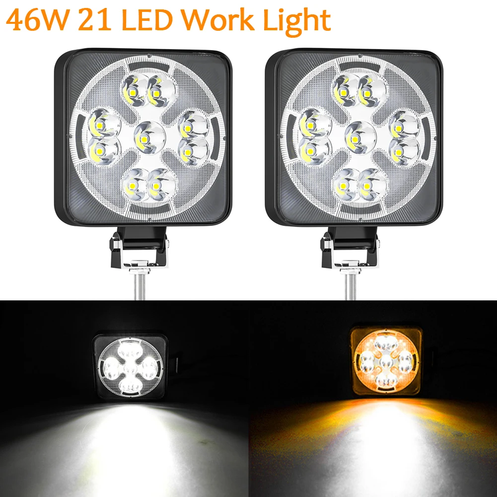 

46 Вт, круглая 21точечная Светодиодная рабочая лампа, противотуманная лампа для вождения, белая + Янтарная Стробоскопическая Лампа, автомобильный аксессуар для внедорожника