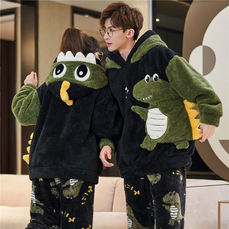 5XL Couples Pajamas Sets Winter Thicken Women Men Sleepwear Pyjama Suit Dinosaur Cute Soft Warm Homewear Pijama Unisex Hoodie