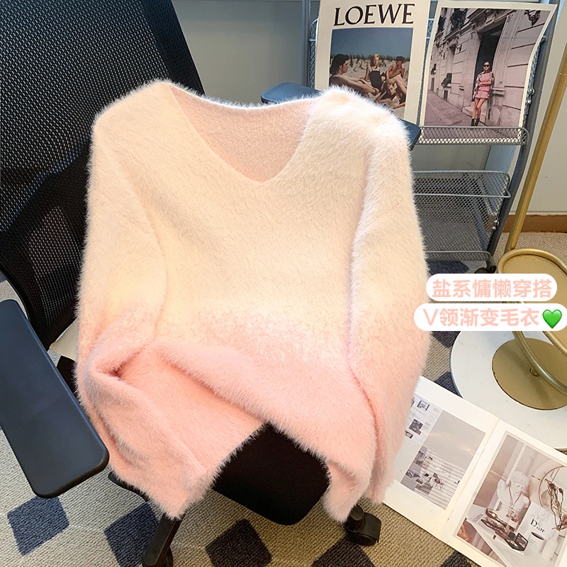 

Loose V-neck Faux Mink Velvet Knitted Sweater Women Lazy Style Casual Gradient Color Pullovers Fashion Knitwear