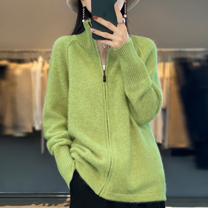 

Cashmere Sweater Women's Clothing Standing Neck Zipper Cardigan 100% Merino Wool Knitted Top Spring and Autumn New Fashion Jacke