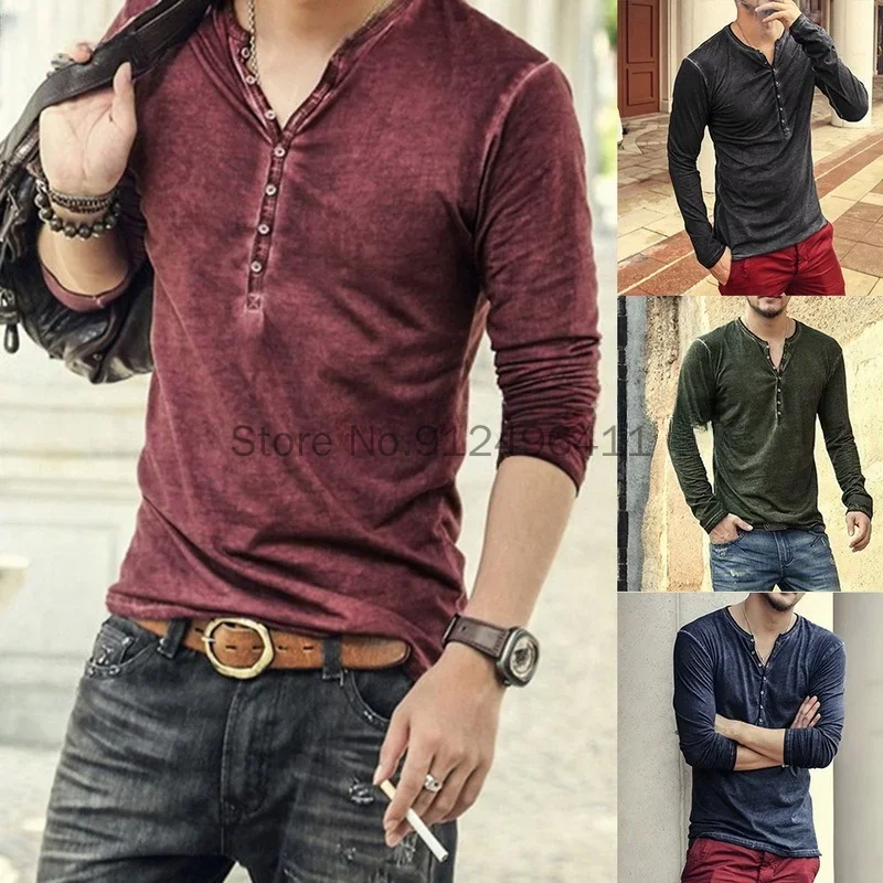 Men Medieval Tee Shirt V-neck Long Sleeve Tee&ampTops Stylish Slim Buttons T-shirt Autumn Casual Solid Male Clothing Maxi Top