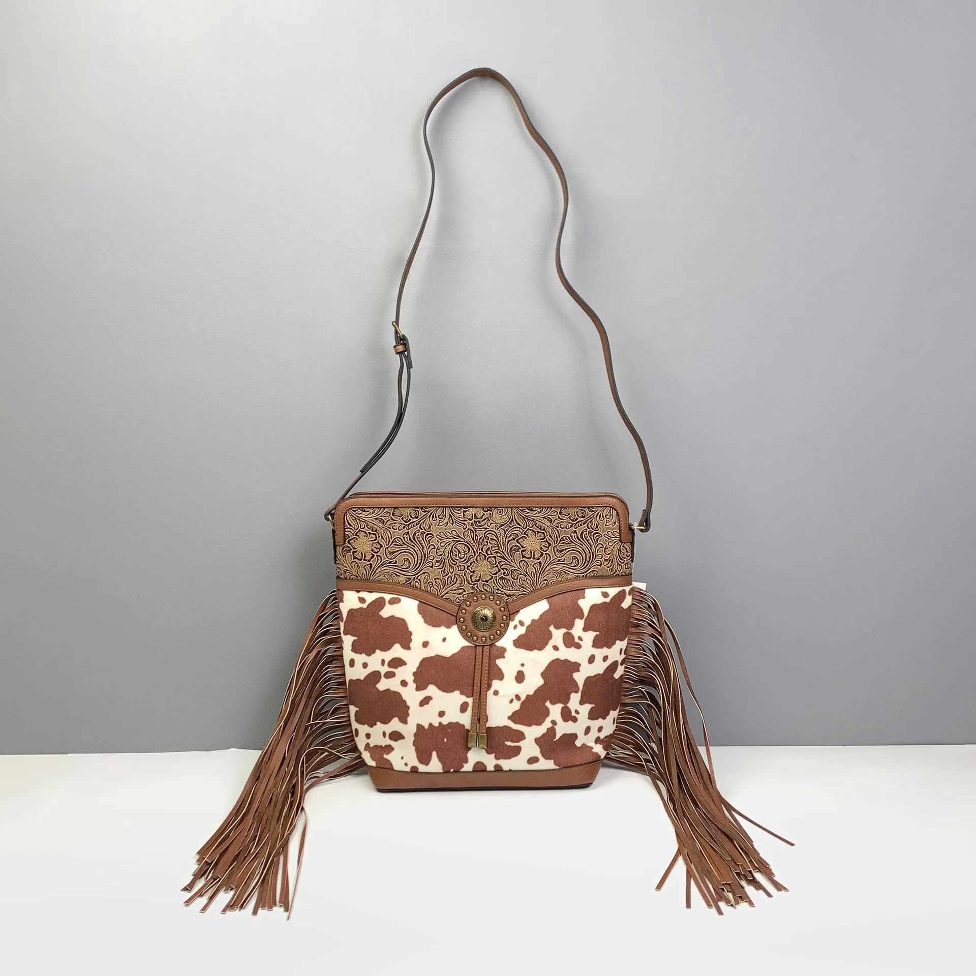 Retro Tassel Leopard Design Shoulder Bag Cow Pattern Versatile  Messenger Large Capacity Carved Decoration Ladies Crossbody Bag