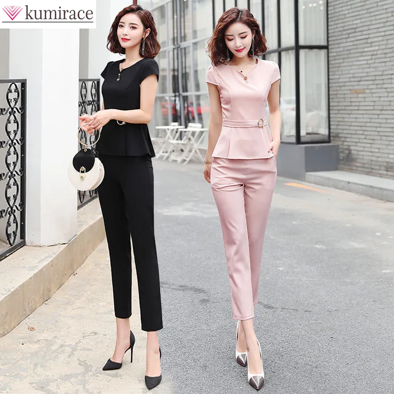 

Korean Popular Belt Decoration Slim Chiffon Shirt T-shirt Casual Trousers Two-piece Elegant Women's Pants Set Female Tracksuit
