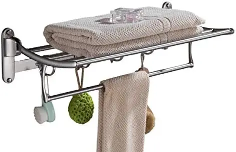 

Towel Racks for Bathroom Shelf with Foldable Towel Bar Holder and Hooks Mounted Multifunctional Racks, Brushed Nickel