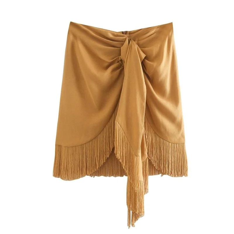 

Fringed Khaki Mini Skirt New All-Match Hem Back Casual Chic Female Skirts 2021 Women High-waisted Gathered Detail Tassel Skirt