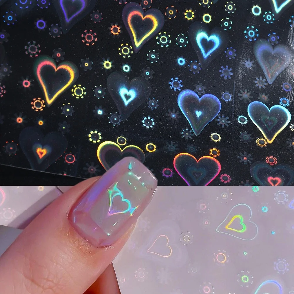 

5pcs/Set 3D Laser Heart Nail Art Sticker Holographic Stars Sliders Aurora Films Glass Nail DIY Design Shiny Decals Manicure