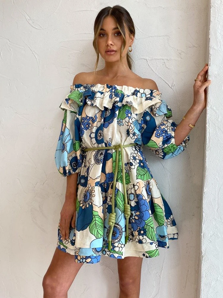 

Design Retro Print Ruffle Line Neck Tie Waist Cotton Linen Short Sleeve Dress Ladies Summer New Fashion Loose Swing Puff Skirt