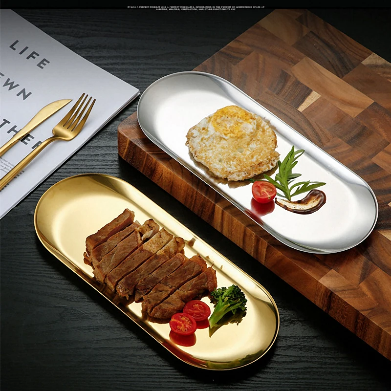 

Stainless Steel Dessert Dining Plate Nordic Style Gold Silver Nut Cake Fruit Plate Towel Tray Snack Western Steak Kitchen Tools