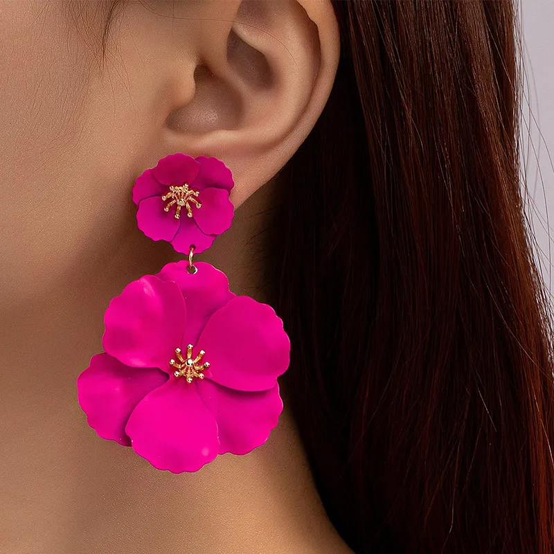 

Flower Dangle Earrings Boho Layered Floral Petal Drop Earrings Statement Stud Earring No Ear Hole Earring for Women Girls