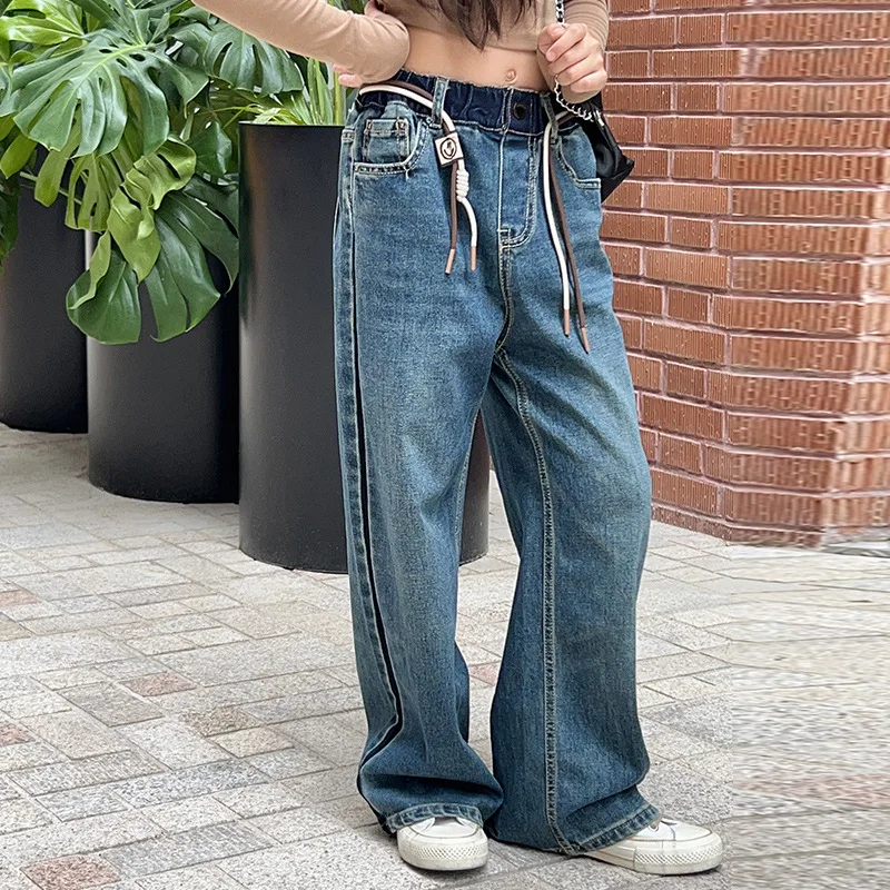 

Jeans for Kids Fashion Blue Loose Casual Straight Long Wide Leg Pants Teenagers School Girls Trousers 2023 Autumn Children Pants