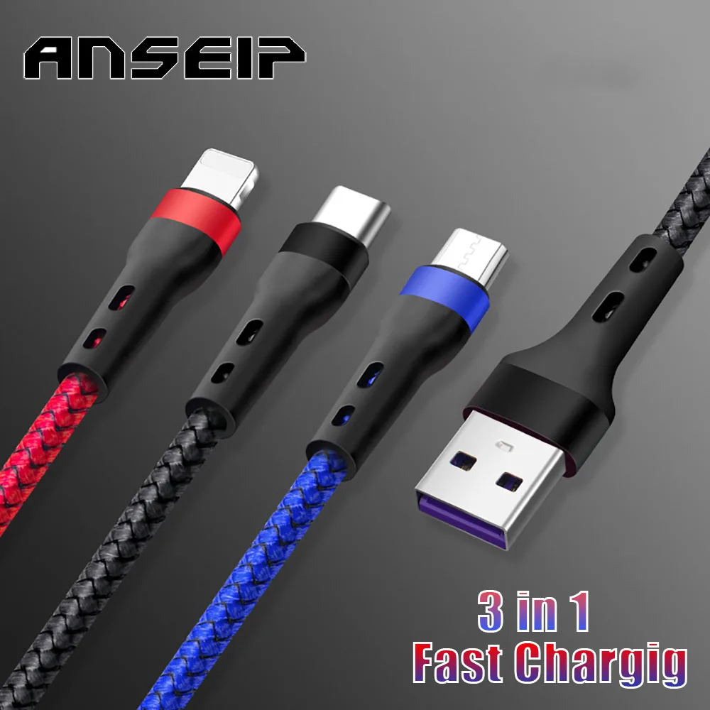 ANSEIP 6A PD 100 Вт USB к Type C Micro Lightning 3 в 1 кабель PD для быстрой зарядки, зарядное устройство, шнур для iPhone Samsung Xiaomi POCO Huawei