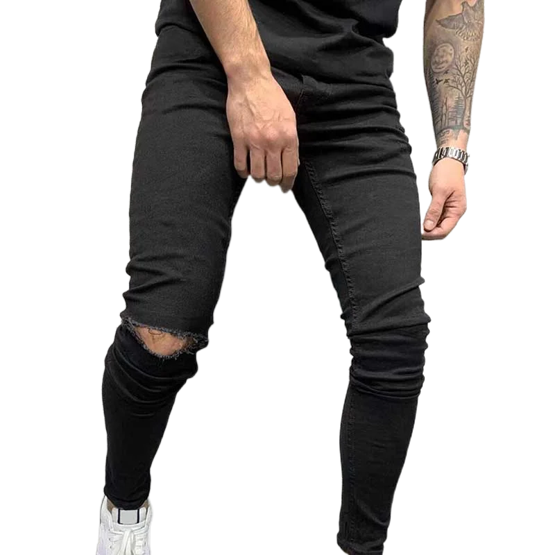 Men's Elastic Tight Fit Jeans Pants Streetwear Holes High Waisted Zipper Pencil Pants Summer 2023 Newhigh Quality Black Trousers