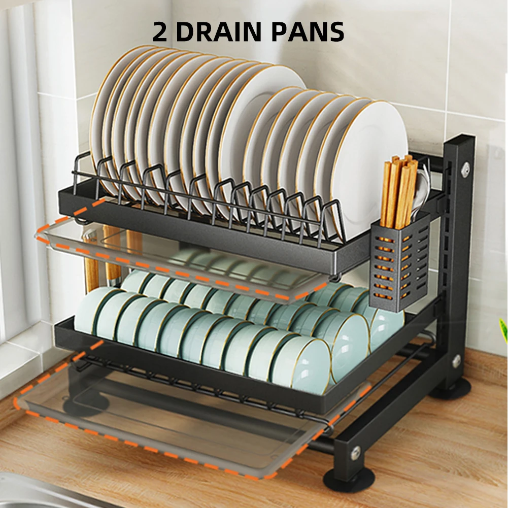 

Kitchen Height Adjustable Dish Drainer 2 Tier Large Dish Drying Rack with 2 Drainboards for Kitchen Counter Sink Organizer