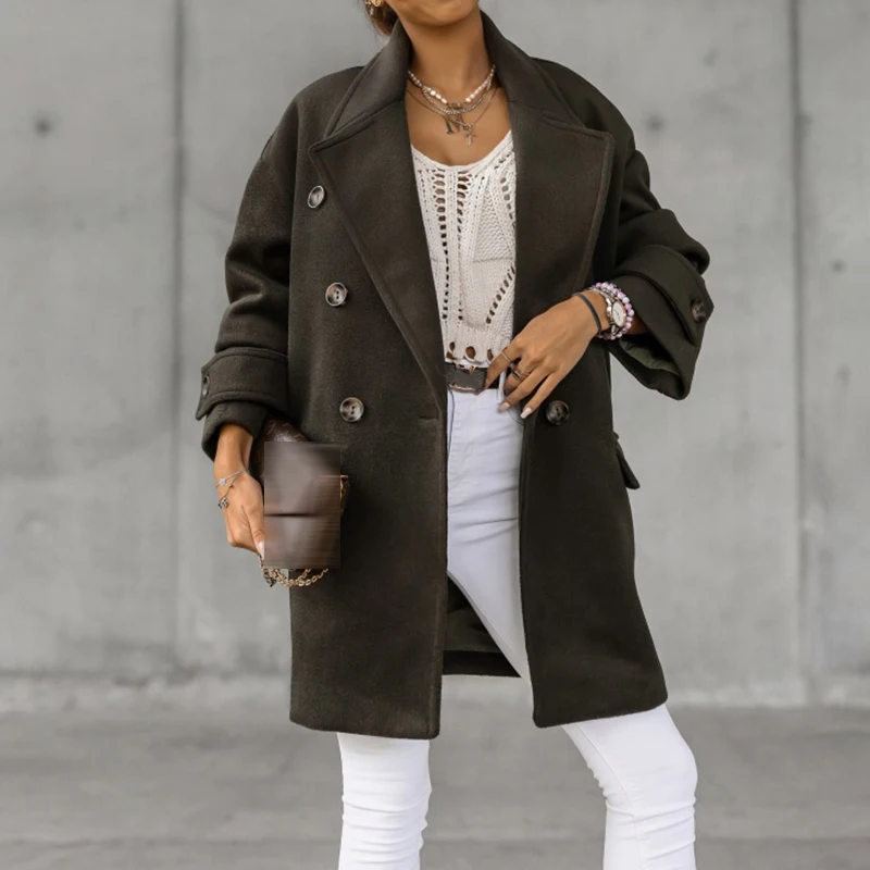 

Streetwear Long Coats Winter Women Jackets Solid Color Winter Coat Women Turn-down Collar Double Breasted Long Woolen Overcoats