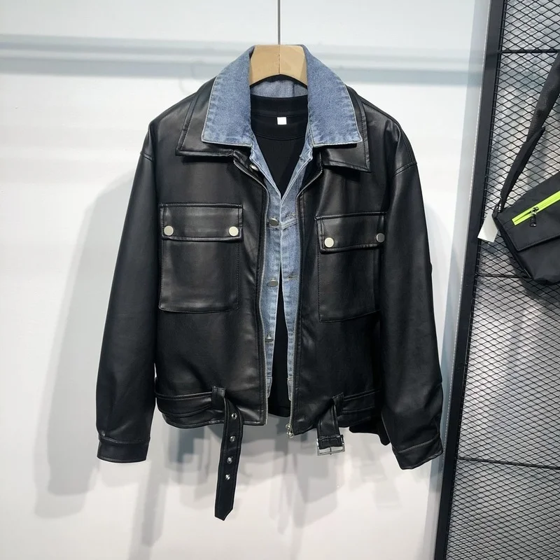 

2022 Men's Clothing High Quality Denim Stitched PU Leather Jacket Fashion Trend Baseball Jackets Coats Black Color Overcoat E357