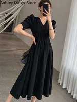 elegant long black dress women vintage gothic v neck office y2k dress female korean one piece chic folds design casual dress new