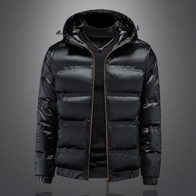 

Winter new black simple bright surface hooded down jacket men Korean version of casual plus down thickened cotton clothing