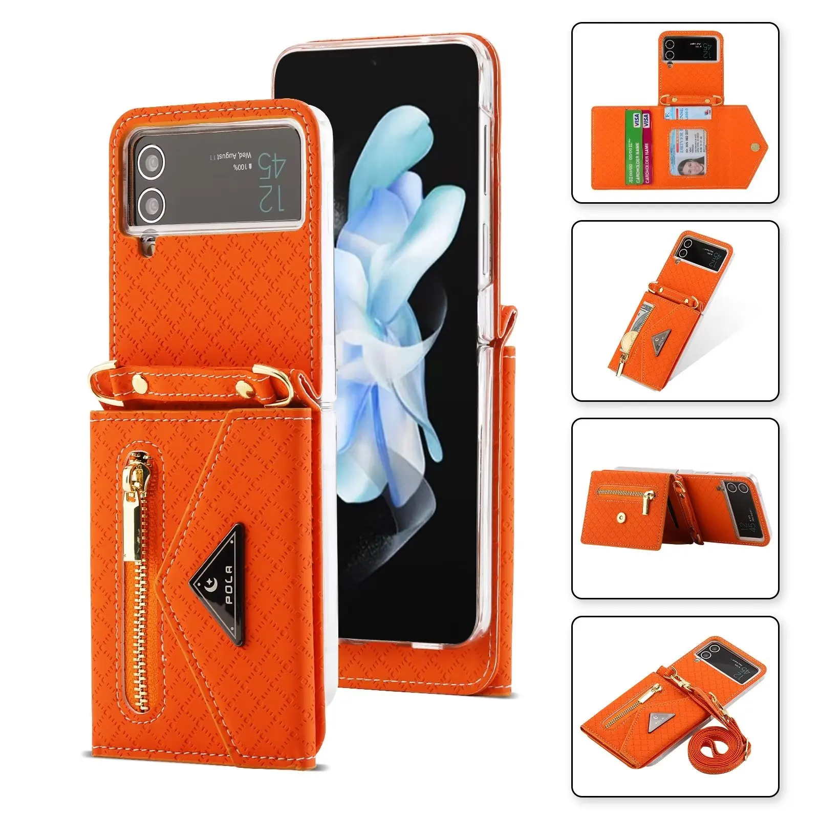 

Original POLA Elegant Leather Full Hinge Cover for Samsung Galaxy Z Flip 4 3 Flip4 Shoulder Strap Backpack Zipper Card Slot Case