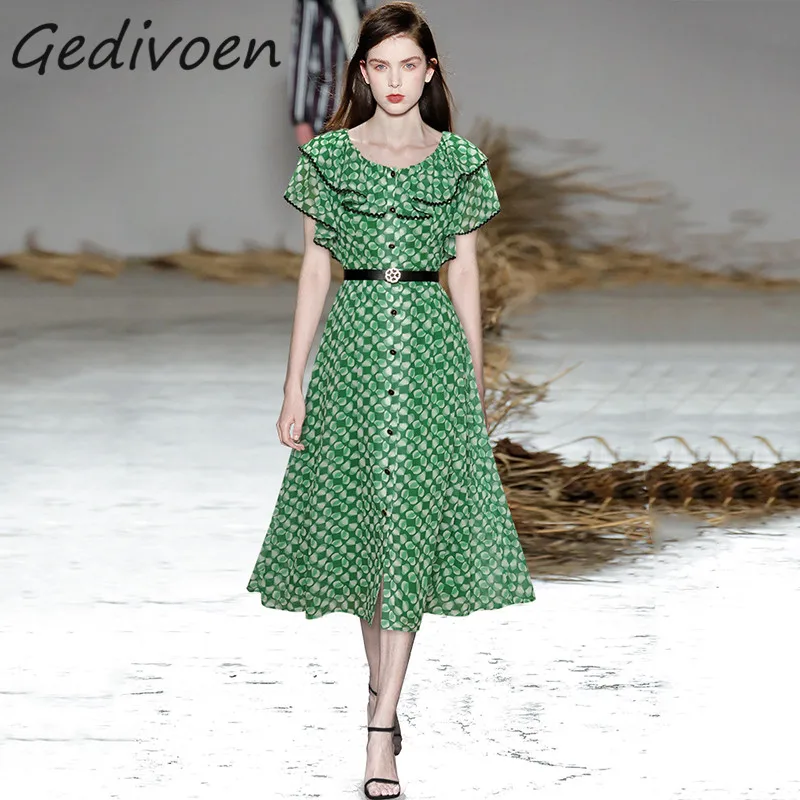 Gedivoen Summer Fashion Runway Vintage Print Midi Dress Women O-Neck Ruffles Splicing Single Breasted Frenulum High Waist Dress