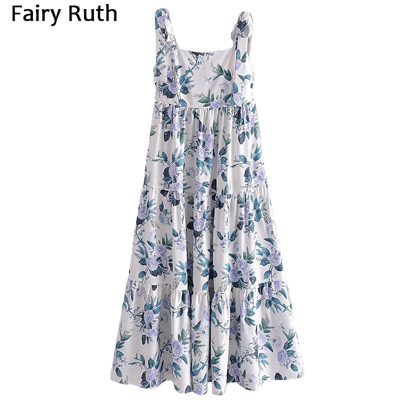 

2022 New women's summer Fashion Print long dresses strap bow Female Casual Beach Dress