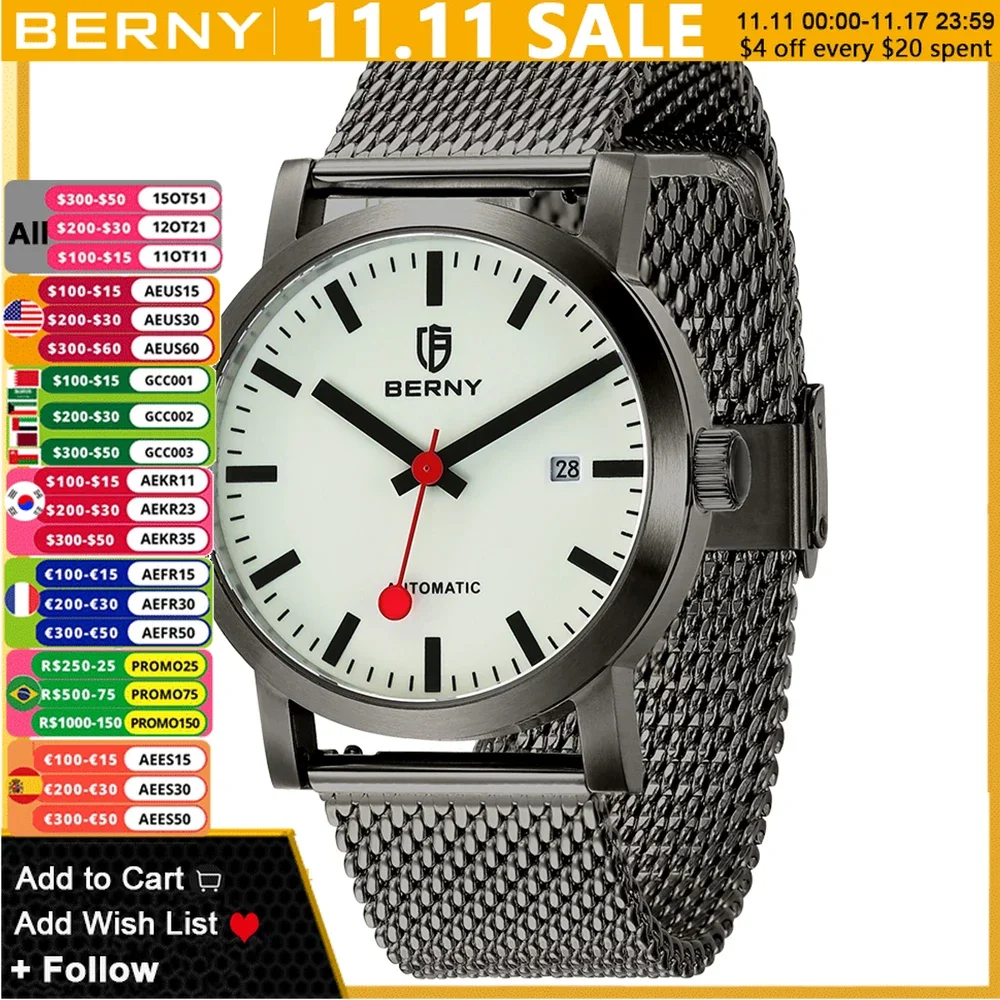 

BERNY Swiss Railway Watch MIYOTA 8215 Automatic Watch Men Luminous Stainless Steel Fashion Waterproof Mechanical Wristwatches