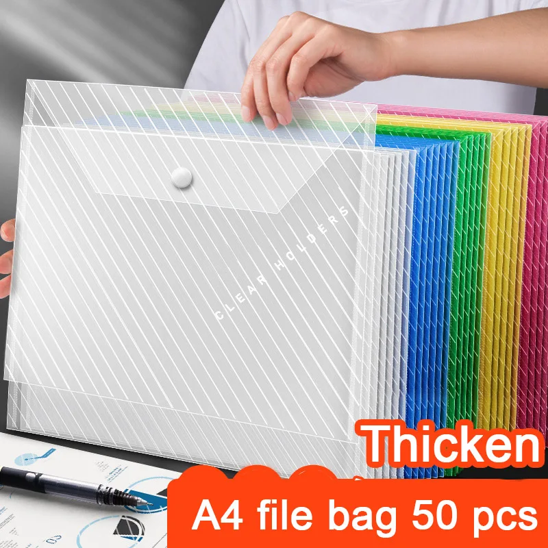 50pcs File Bag Transparent Plastic A4 Thickened Large-capacity Storage Bag Student File Information Pocket Folders Stationery