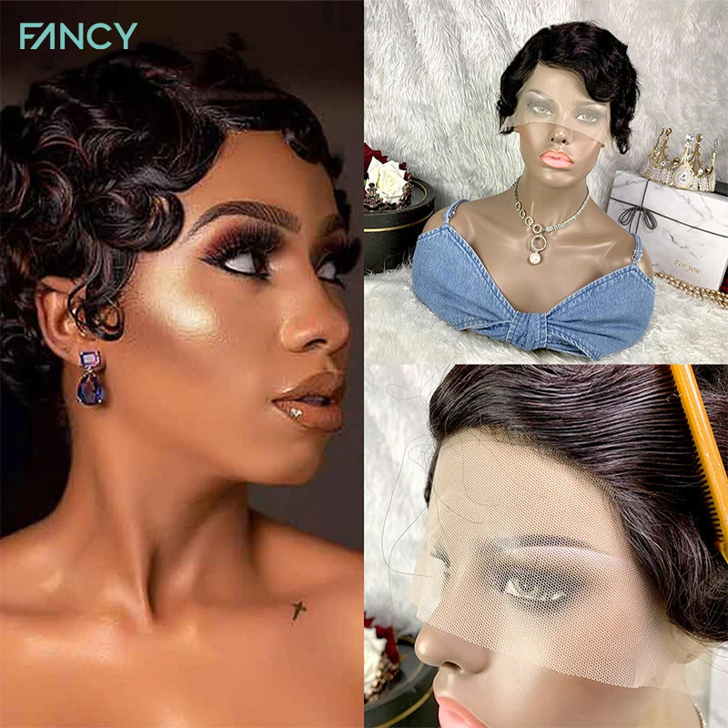 Short Pixie Cut Human Hair Wig Afro Kinky Peruvian Human Hair Wigs Curl Finger Wave Wigs 4x4 Lace Front Wig for Women Wholesale
