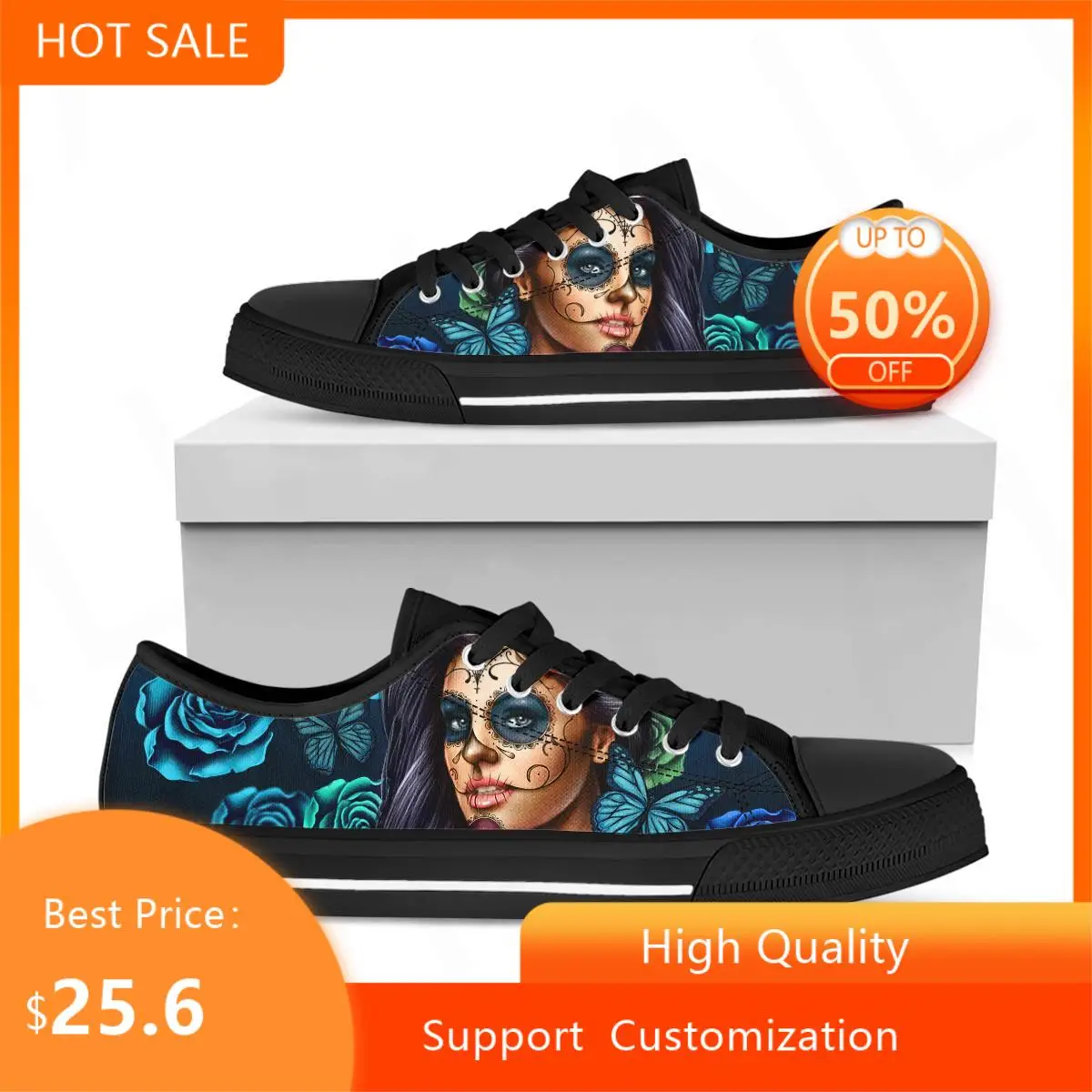 

BKQU Hot Sale Purple Day of The Dead Calavera Girl Print Canvas Shoes Lace Up Flat Autumn Breathable Vulcanized Sneakers 2022
