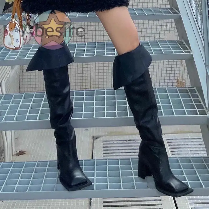 Фото Осень и зима Новые женские модные мягкие сапоги до колена без шнуровки на высоком каблуке с квадратным носком на толстом каблуке, сексуальные черные №1