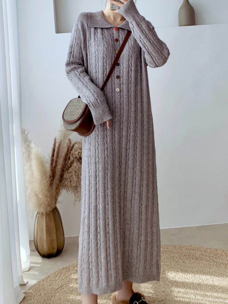 

Women's Sweater Dress New in Autumn Winter Korean Style Casual Loose Elegant POLO Neck Knitted Sweater Dress Women's Clothing