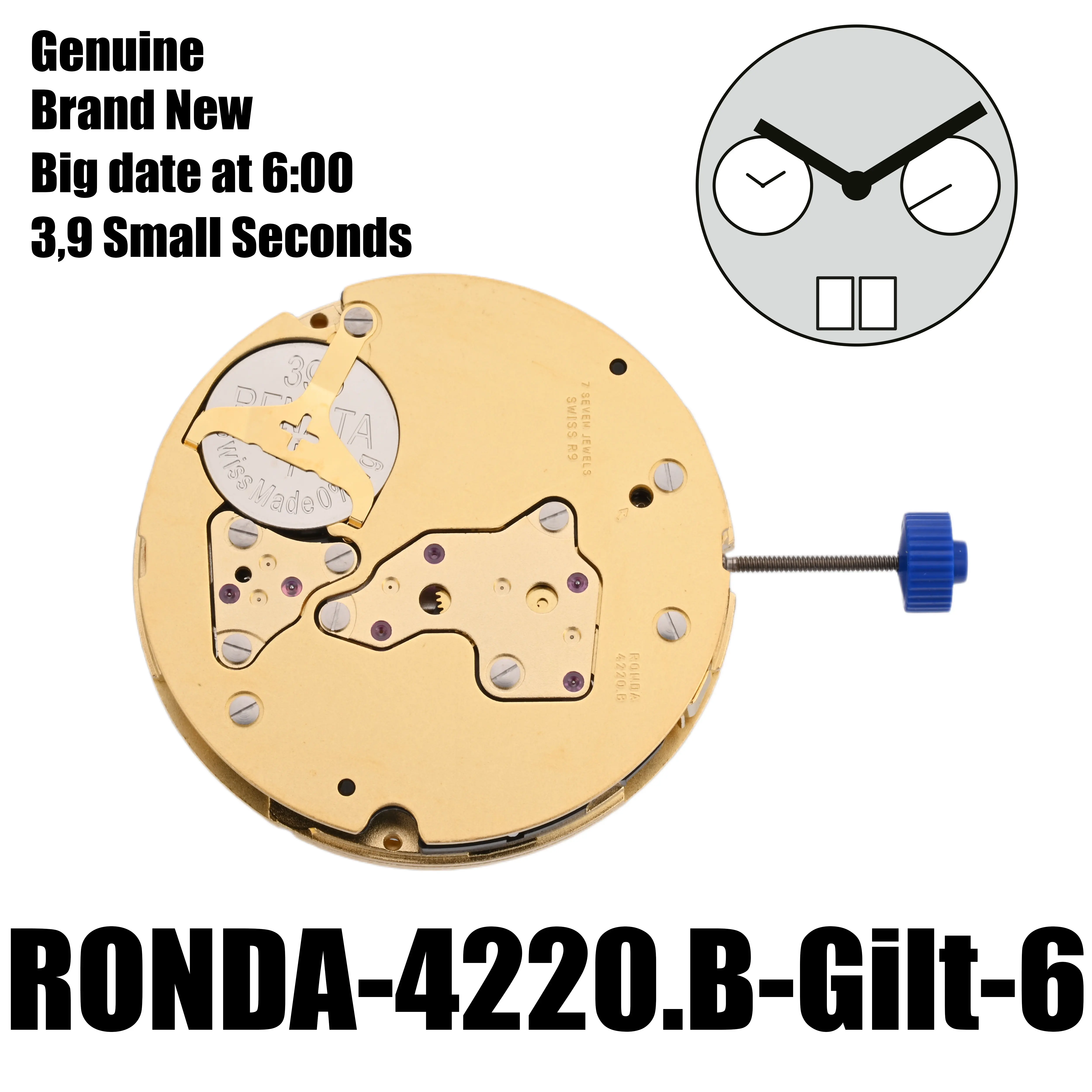 Механизм 4220B Швейцарский Ronda 4220.B Большая дата на 6:00 Семи драгоценных камней Плюс