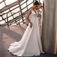 simple wedding dress 2022 a line deep v neck sleeveless backless sexy wedding gowns sweepbrush train draped belt bridal dresses