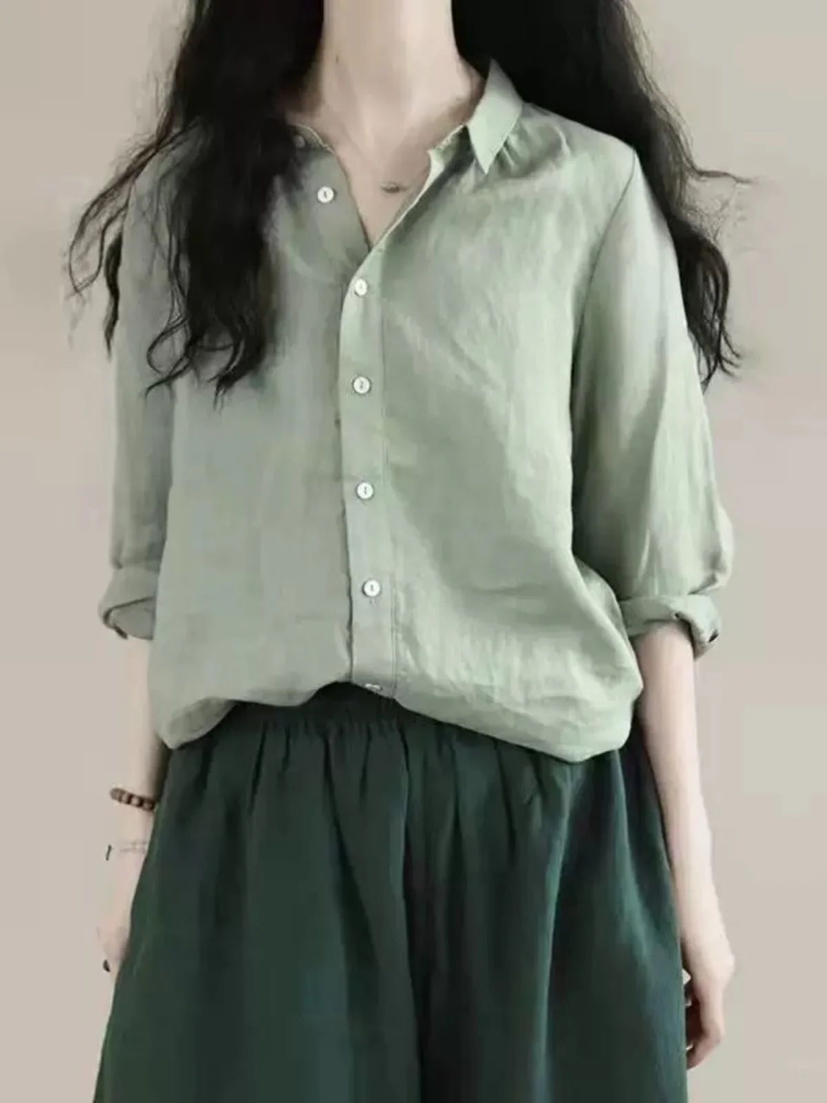 Зеленые рубашки из хлопка и льна в стиле ретро женские летние весенне-осенние