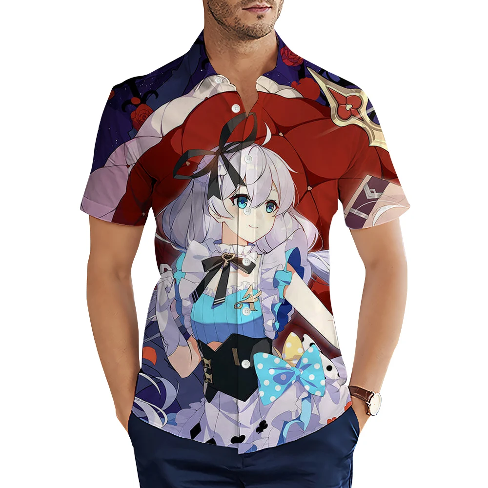 

HX Genshin Impact Shirts Cartoon Anime Summer Shirt for Men Button Lapel Casual Beach Shirt Camisa Dropshipping