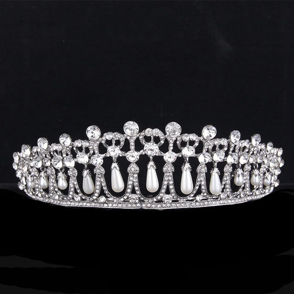 

Vintage Silver Plated Queen Princess Diana Crown Crystal Pearl Diadem For Bridal Hair Accessories Bride Headbands Tiara De Noiva