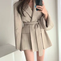 2021 new autumn woolen coat for women french lapel straight slim fit lace up waist cardigan long sleeve loose casual suit jacket