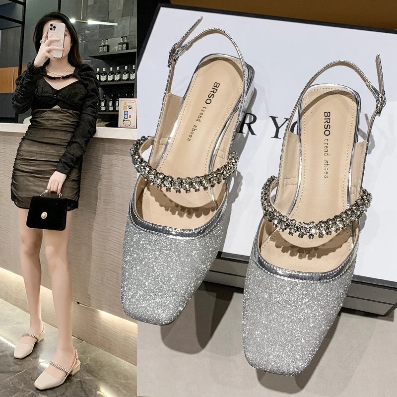 

2022 Summer Luxury Sparkling Rhinestone Square Toe Sandals women Mid Heel Square Toe Mules Ladies Mary Jane Shoes Black Silver