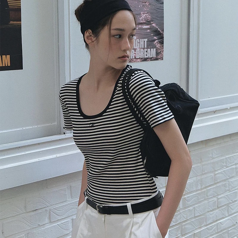 

Летняя Новинка эластичная облегающая черно-белая футболка с низким круглым вырезом в полоску с коротким рукавом женские топы