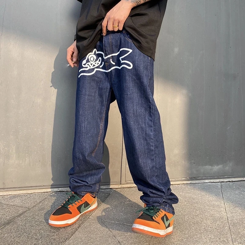 New Dog Print Loose Straight Jeans Blue Mens Retro High Street Oversize Casual Denim Trousers Harajuku Washed Hip Hop Jean Pants