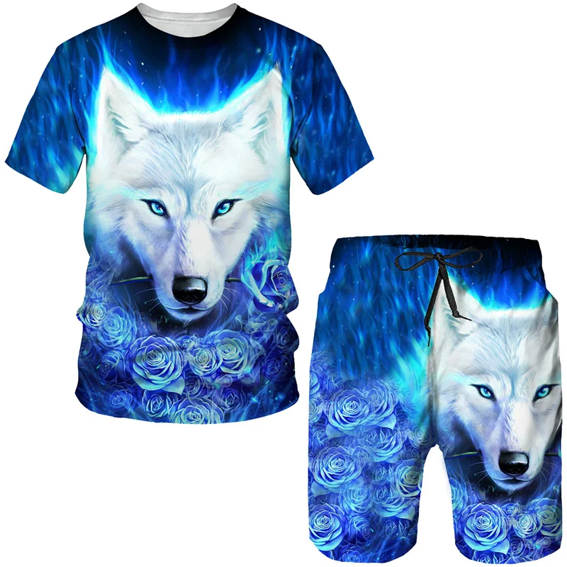 Funny Wolf Pattern T Shirt For Men Casual Shorts 2 Piece Outfit Summer Outdoor Sports Sets Fashion Trend Short Sleeve Clothing