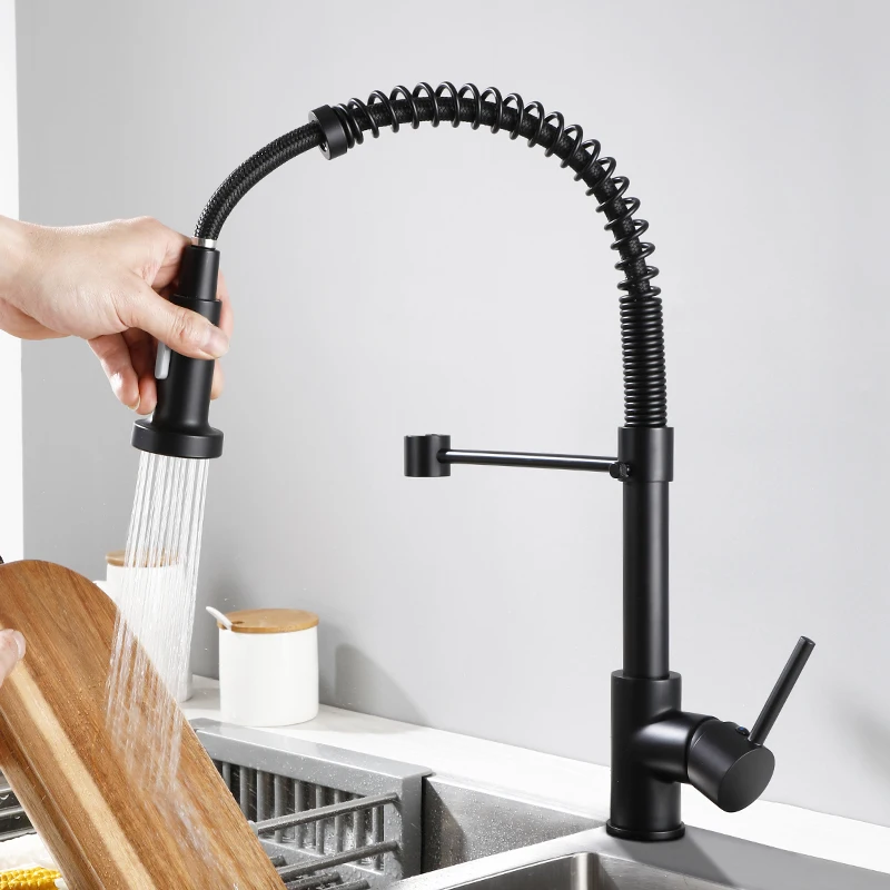

Black and Chromed Spring Pull Down Kitchen Sink Faucet Hot and Cold Water Mixer Crane Tap with Dual Spout Deck Mounted