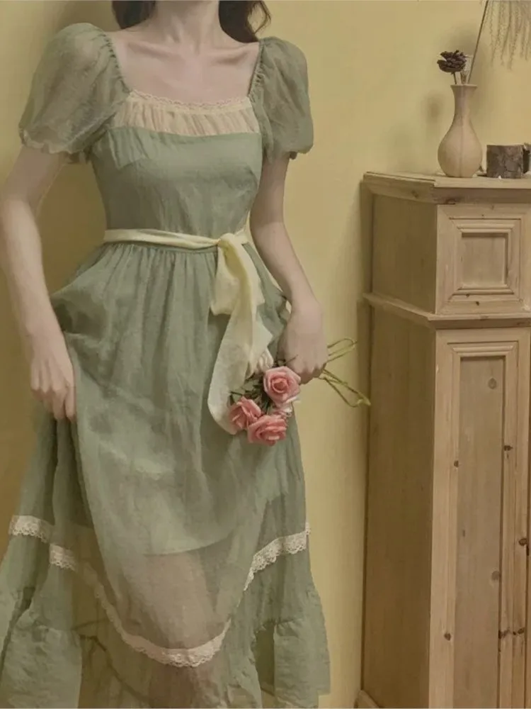 

Женское длинное платье в стиле ретро, зеленое элегантное платье с пышными рукавами, V-образным вырезом, высокой талией и оборками в Корейском стиле на лето