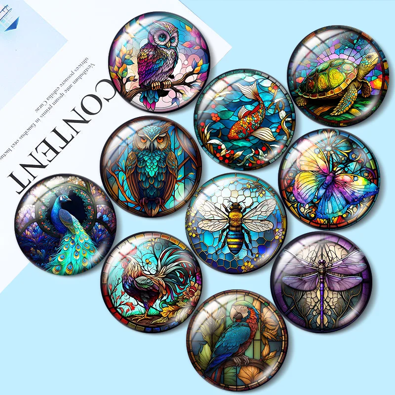 New Dragonfly Butterfly Fish owl bee Peacock 12mm/16mm/20mm/25mm/30mm Round photo glass cabochon demo flat back Making findings