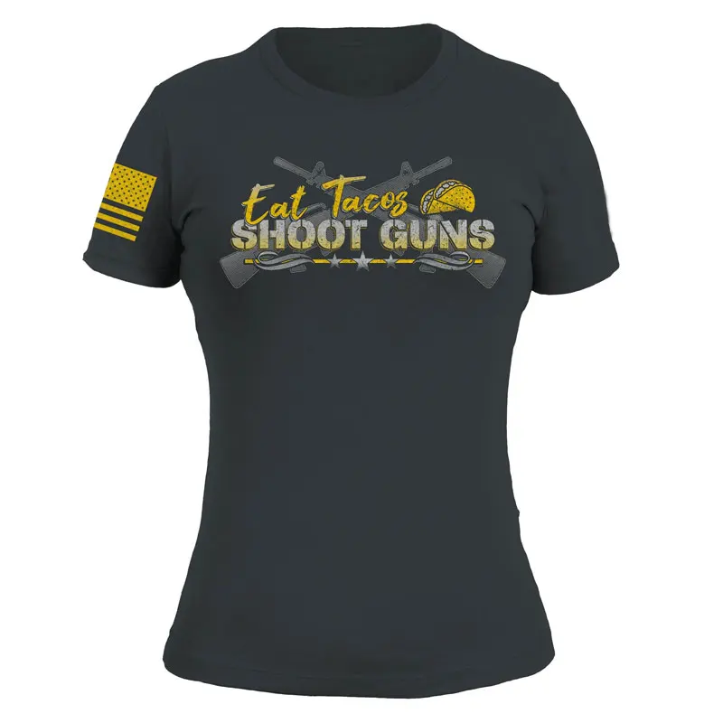 

EAT TACOS SHOOT GUNS HEAVY METAL Women T-shirt Summer Short Sleeve Cotton T-shirt Gray Color Round Neck Casual T-shirt